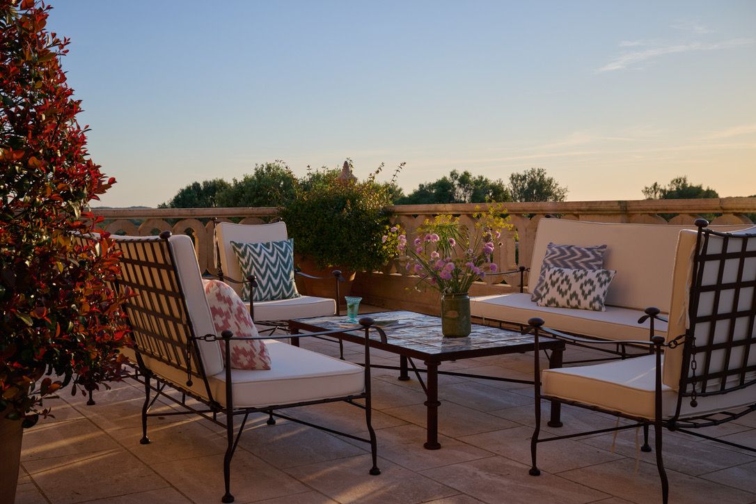 The terrace seating at dusk